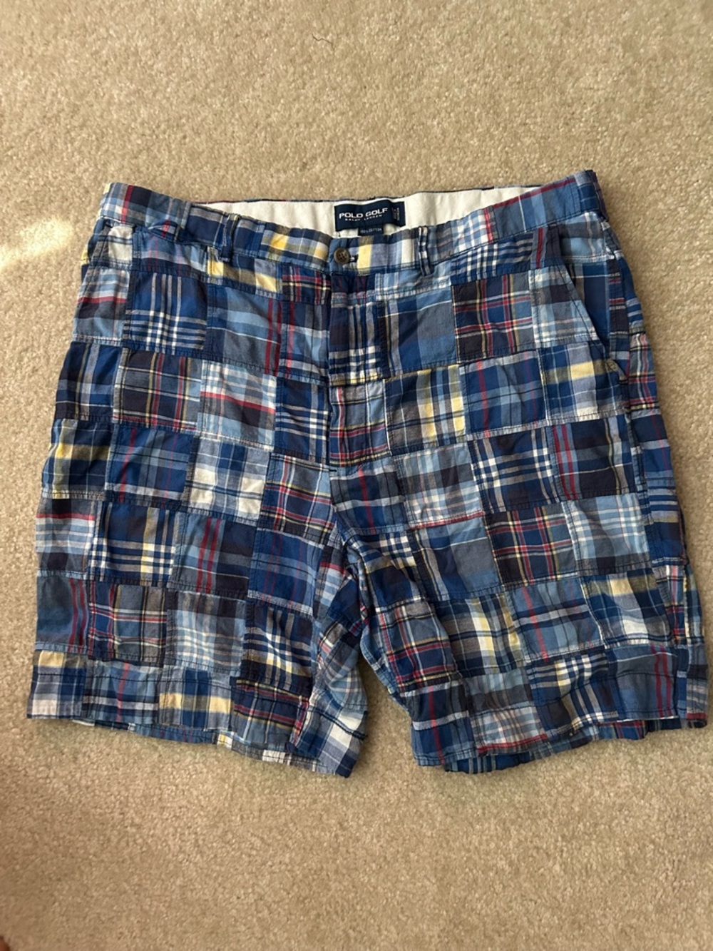 VTG Ralph  Lauren Polo Golf Patchwork Plaid Cotton Shorts in Blue size 38